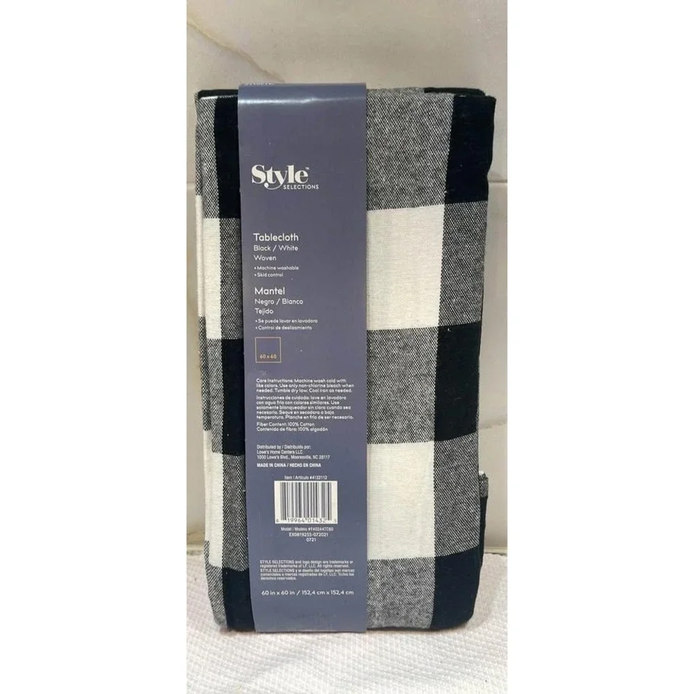 00101 - Style‎ Selections Black White Plaid Square Tablecloth 60x60 – New
